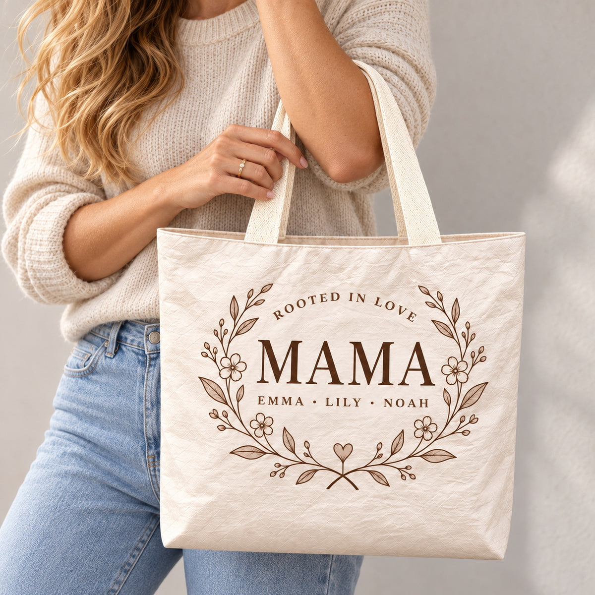 Personalized Floral MAMA Wreath Tote Bag with Kids' Names - custom design detail