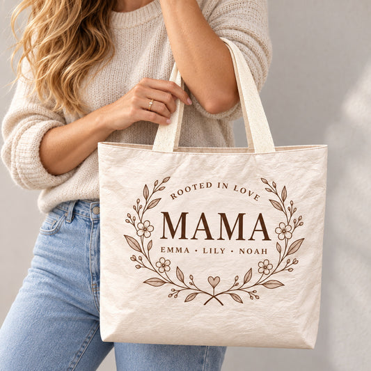 Personalized Floral MAMA Wreath Tote Bag with Kids' Names - custom design detail