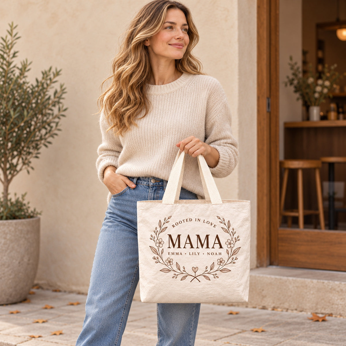 Personalized Floral MAMA Wreath Tote Bag with Kids' Names - personalized lifestyle scene