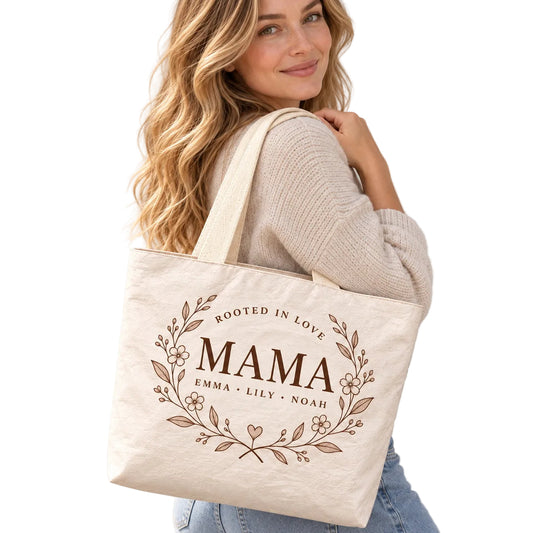 Personalized Floral MAMA Wreath Tote Bag with Kids' Names - shoulder carry outfit view