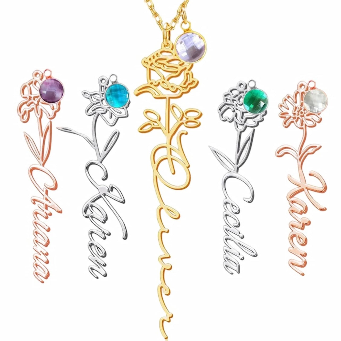 Custom birth flower name necklaces in gold, silver, and rose gold.