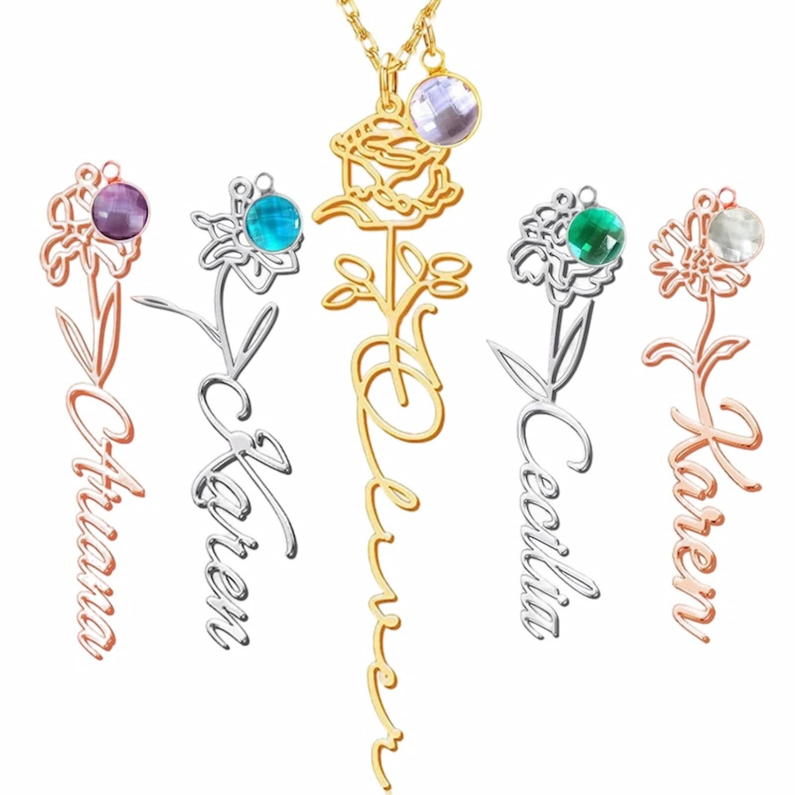Custom birth flower name necklaces in gold, silver, and rose gold.