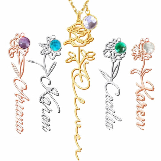 Custom birth flower name necklaces in gold, silver, and rose gold.