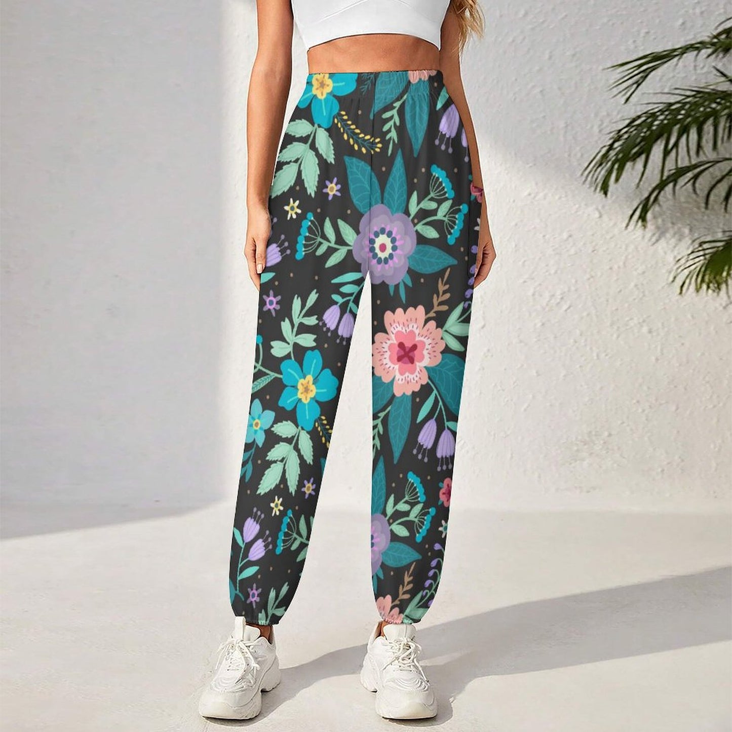 Full look: Custom floral print boho harem joggers for women.