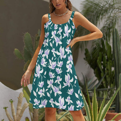 Side view of Custom Floral Print Swing Dress. Simple A-line silhouette, perfect casual sundress for women.