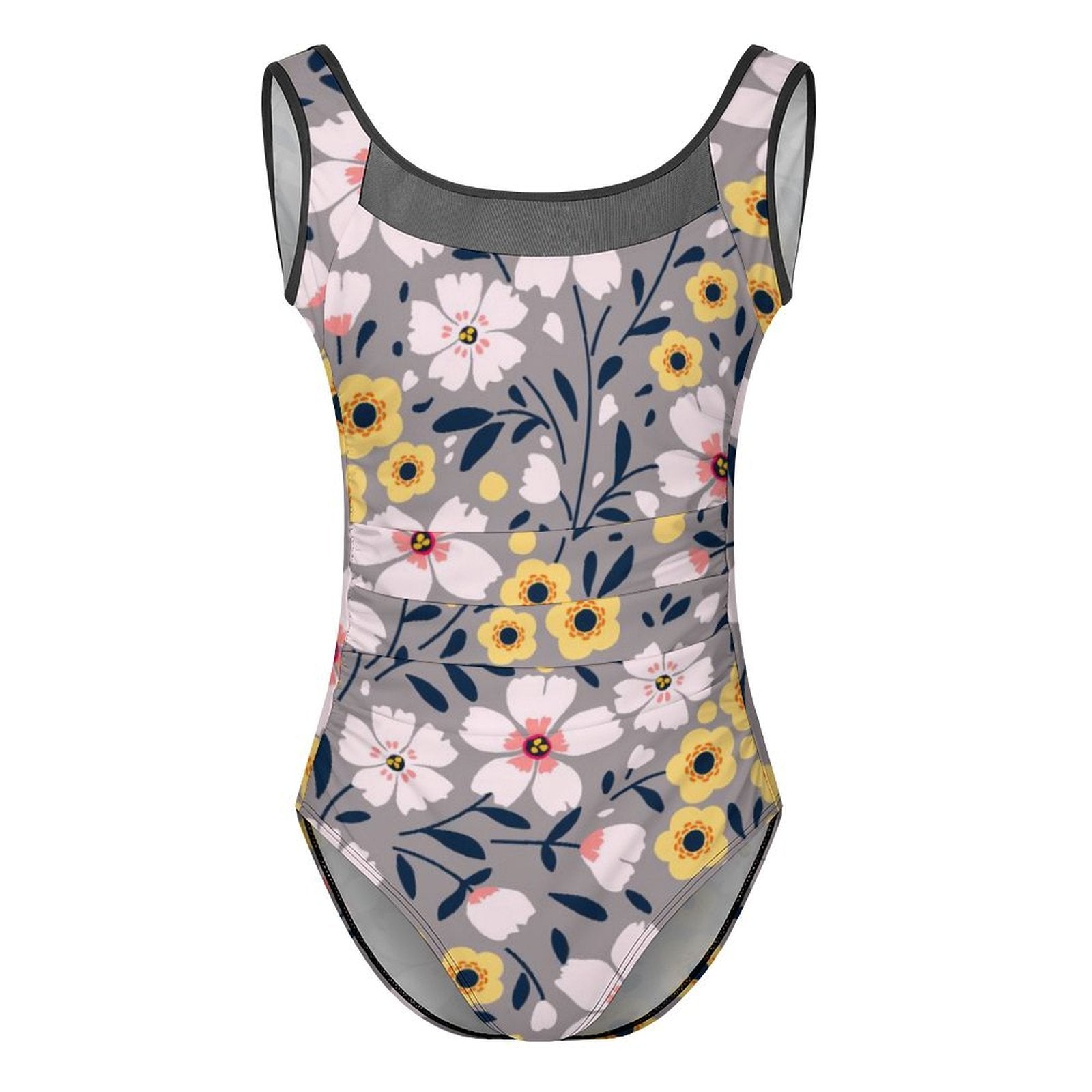 Custom floral print one piece swimsuit, ruched tummy control, mesh neck.