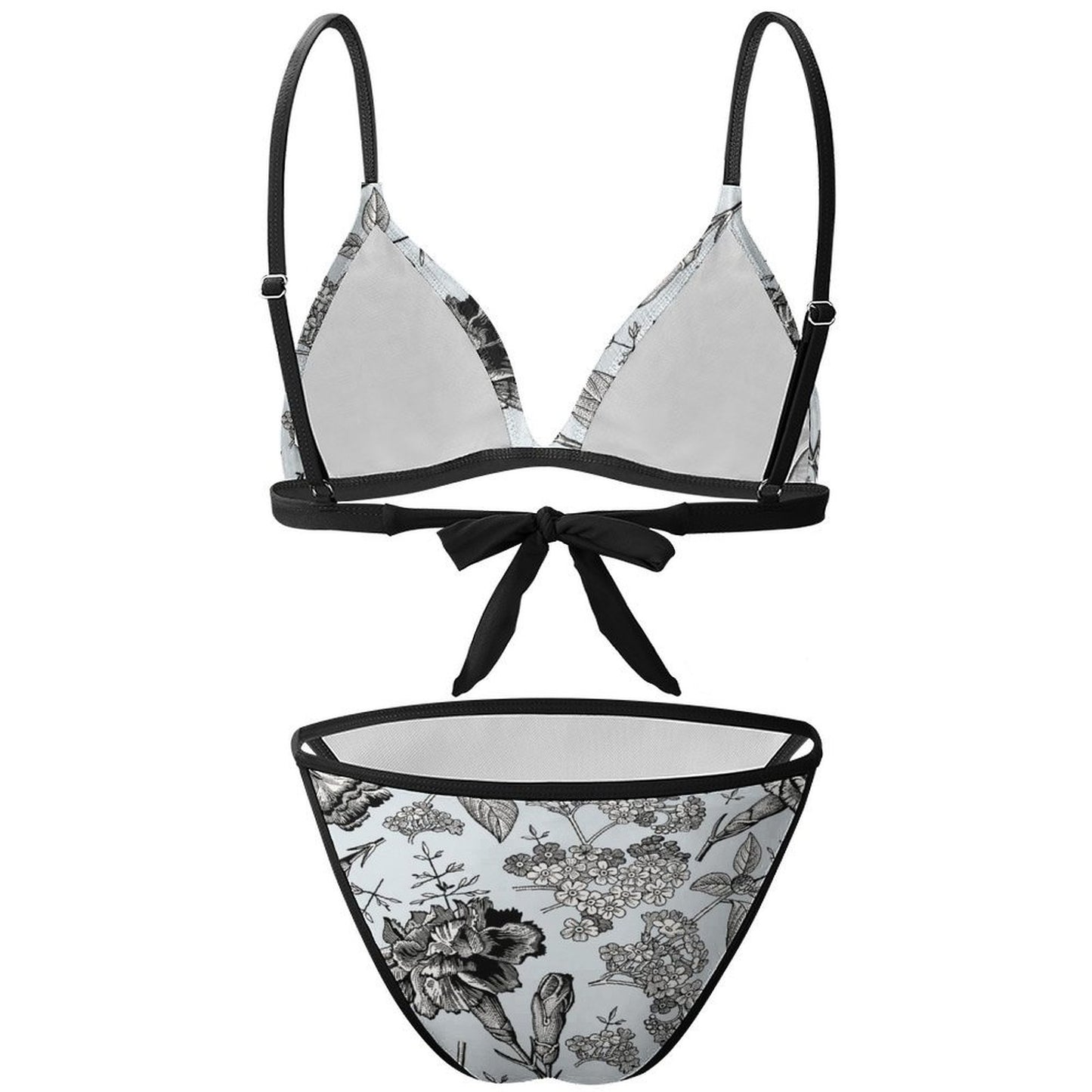 Flat lay back view of custom print triangle bikini with adjustable back tie.
