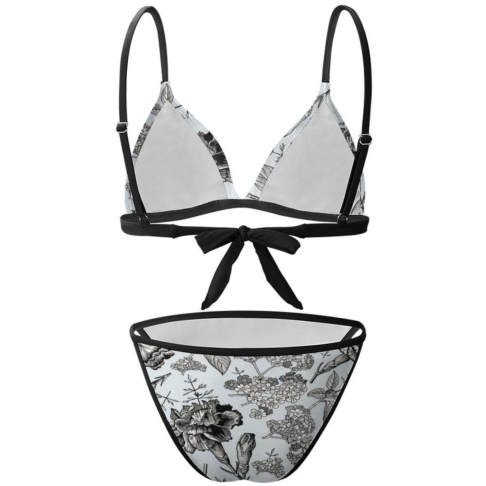 Flat lay back view of custom print triangle bikini with adjustable back tie.