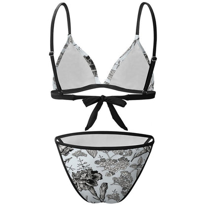 Flat lay back view of custom print triangle bikini with adjustable back tie.