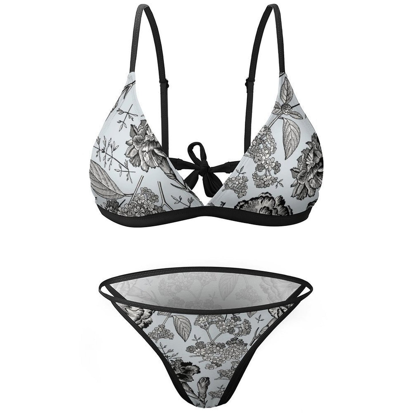 Flat lay front view of personalized floral triangle bikini top and thong bottom.