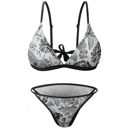 Flat lay front view of personalized floral triangle bikini top and thong bottom.