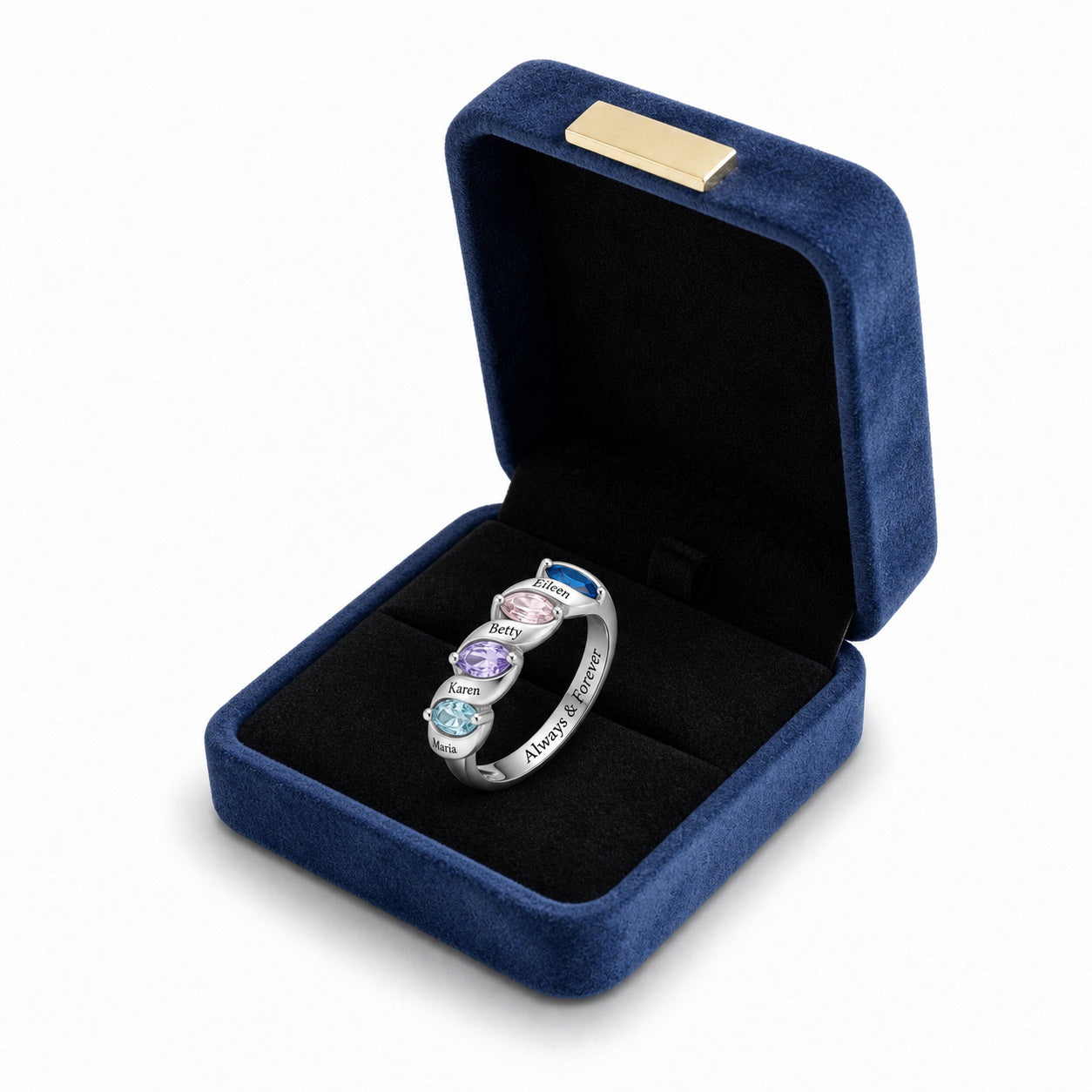Custom four birthstone family name band ring gift box view