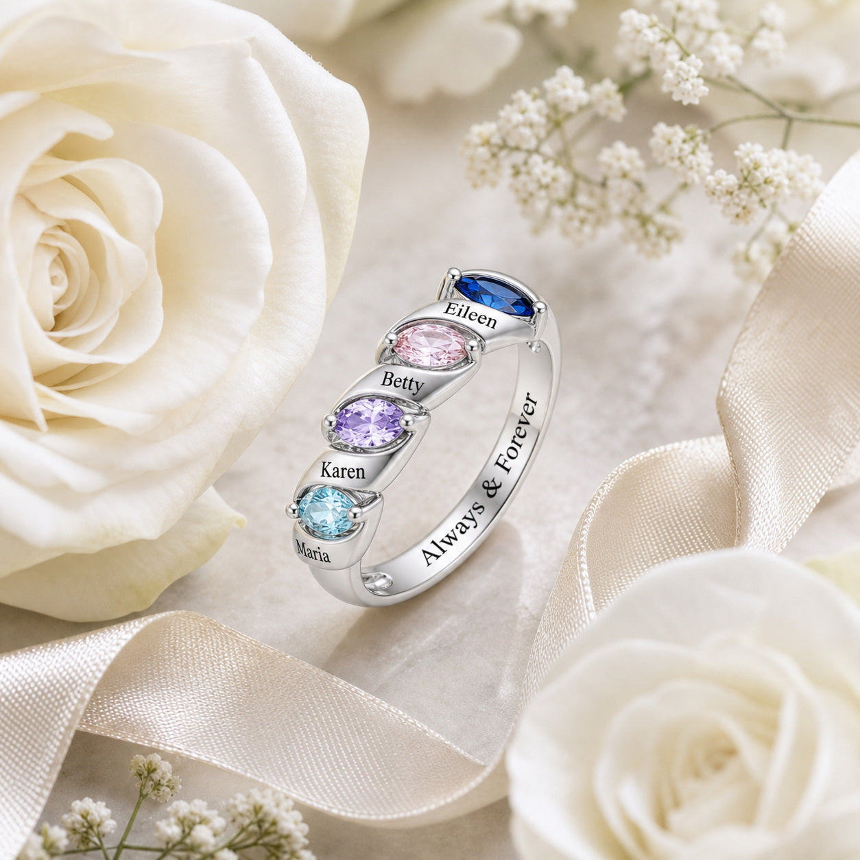 Custom four birthstone family name band ring lifestyle view