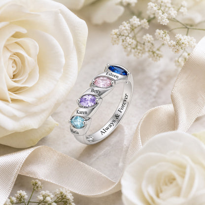 Custom four birthstone family name band ring lifestyle view