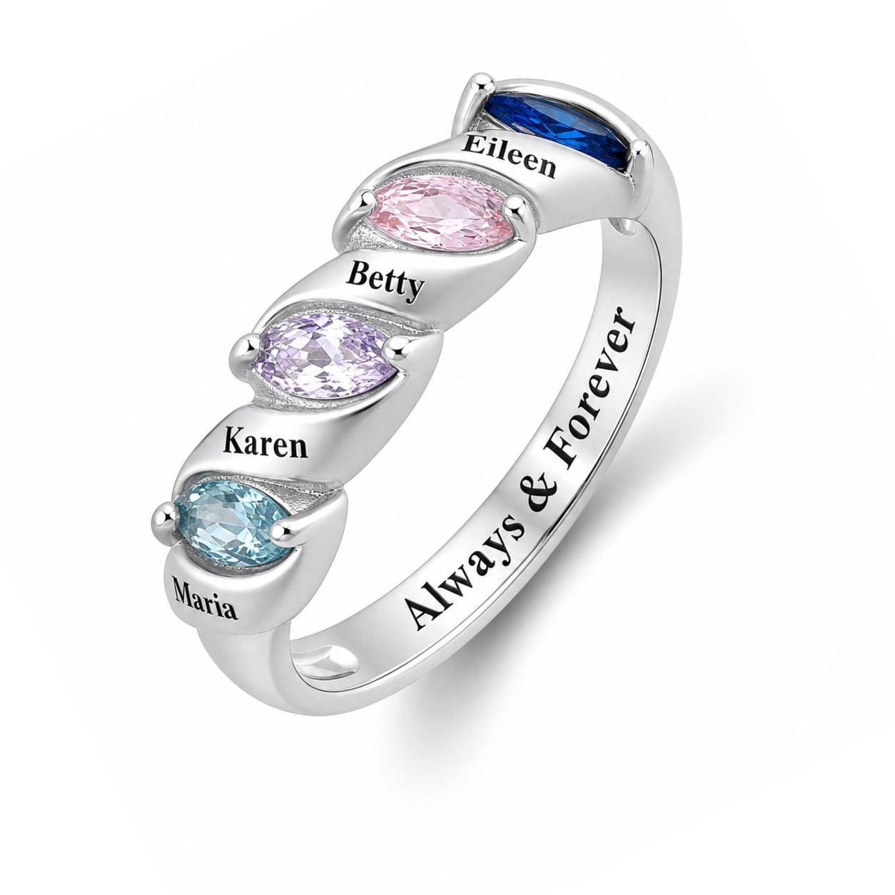 Custom four birthstone family name band ring main view