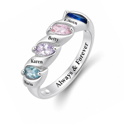 Custom four birthstone family name band ring main view