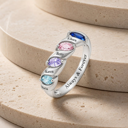 Custom four birthstone family name band ring styled view