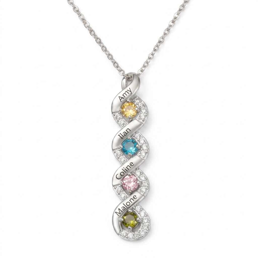 Silver four-name family birthstone necklace