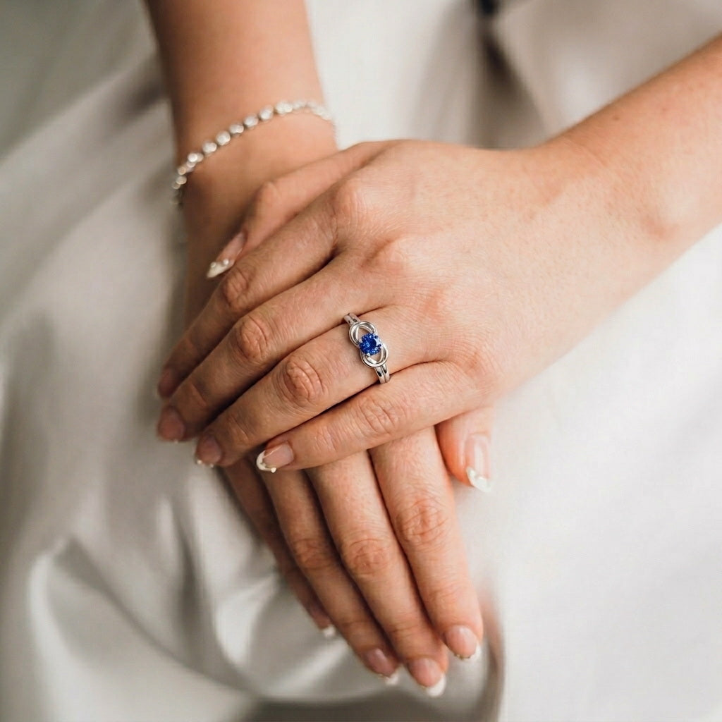 Custom geometric birthstone ring on hand