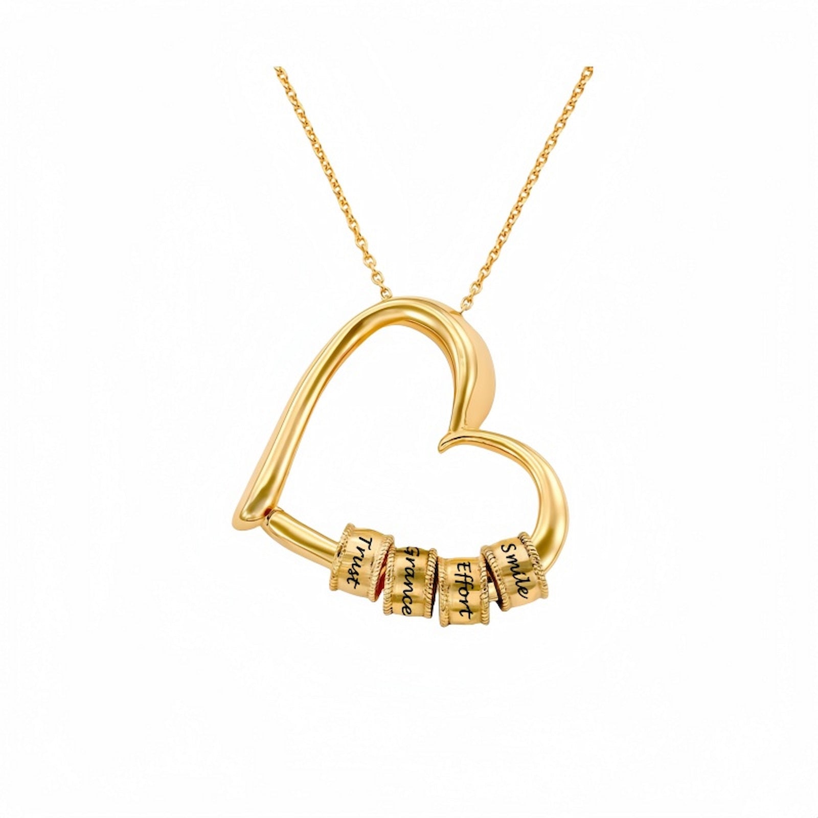 Gold plated personalized heart necklace with four engraved name beads, perfect custom jewelry gift for her.