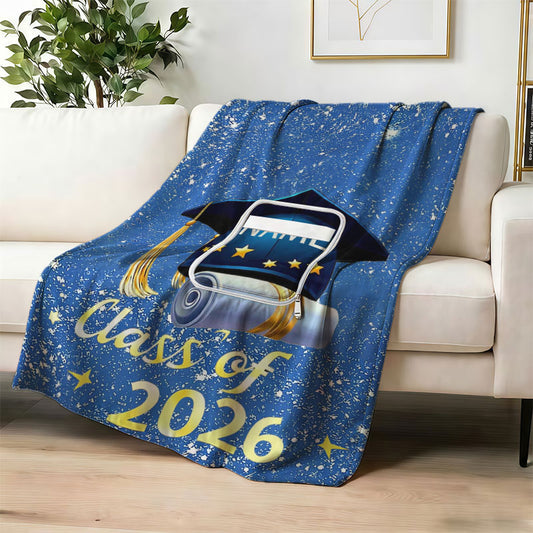 Custom "Class of 2026" starry blue graduation blanket.