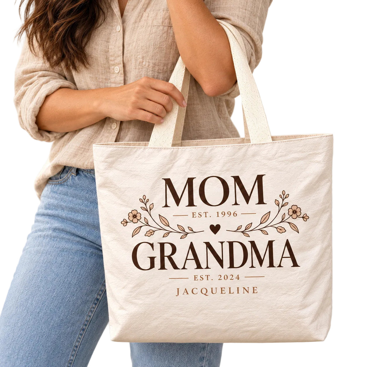 Personalized Mom and Grandma Tote Bag with Name and Years - custom design detail