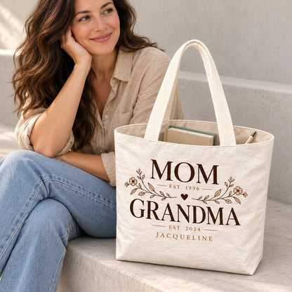 Personalized Mom and Grandma Tote Bag with Name and Years - open interior single compartment view