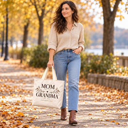 Personalized Mom and Grandma Tote Bag with Name and Years - outdoor model styling view