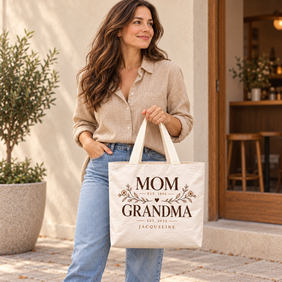 Personalized Mom and Grandma Tote Bag with Name and Years - personalized lifestyle scene