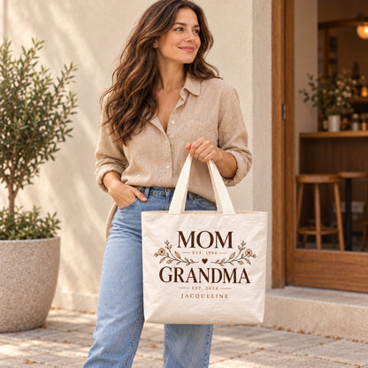 Personalized Mom and Grandma Tote Bag with Name and Years - personalized lifestyle scene