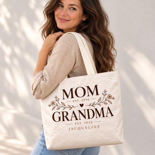 Personalized Mom and Grandma Tote Bag with Name and Years - shoulder carry outfit view