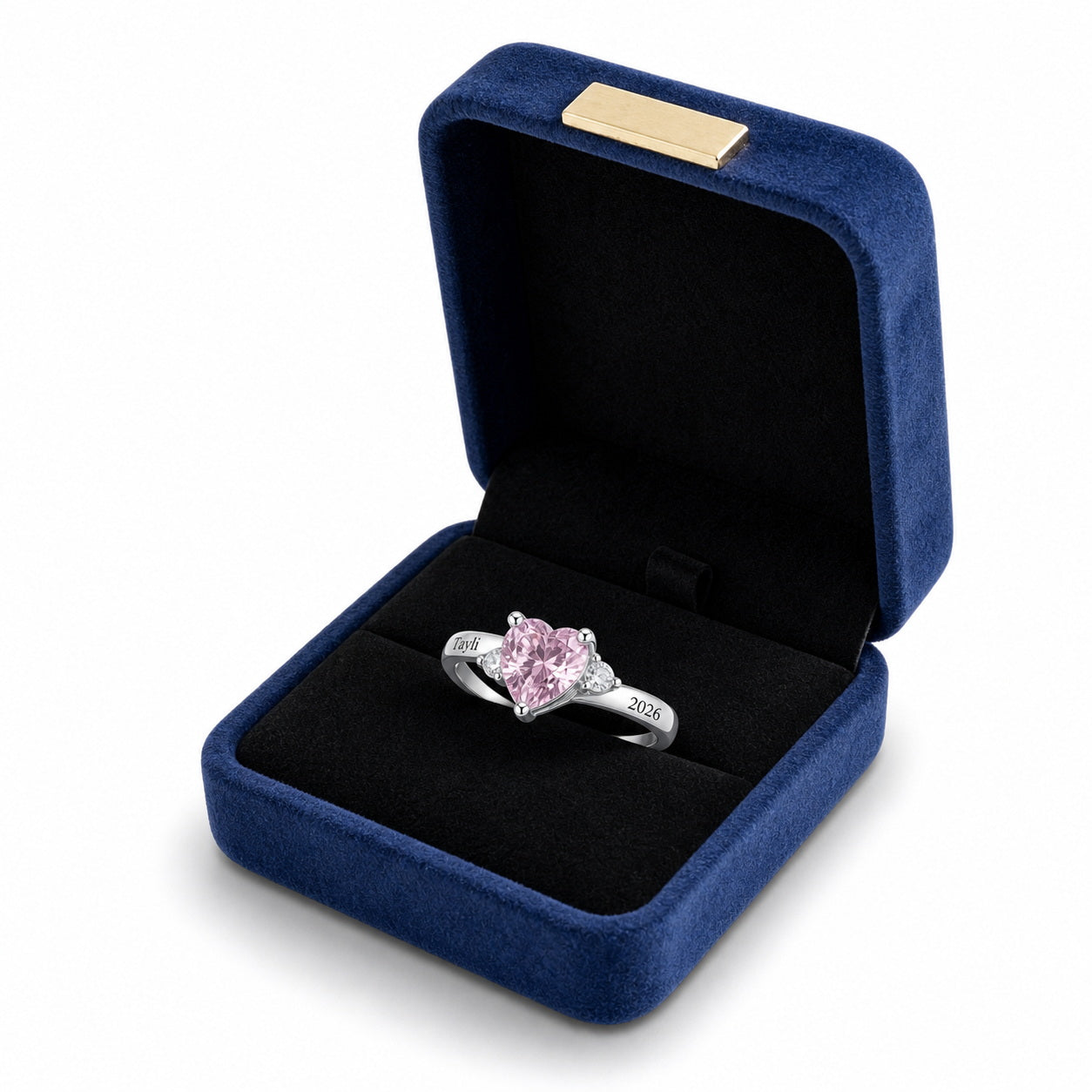 Custom heart birthstone name and date ring gift box view