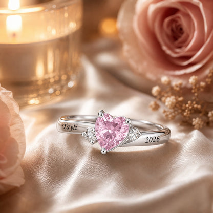 Custom heart birthstone name and date ring lifestyle view