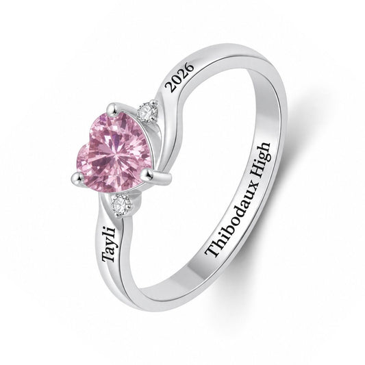Custom heart birthstone name and date ring main view