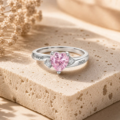 Custom heart birthstone name and date ring styled view