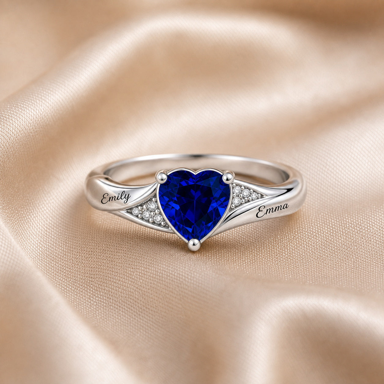 Custom heart birthstone name ring detail view