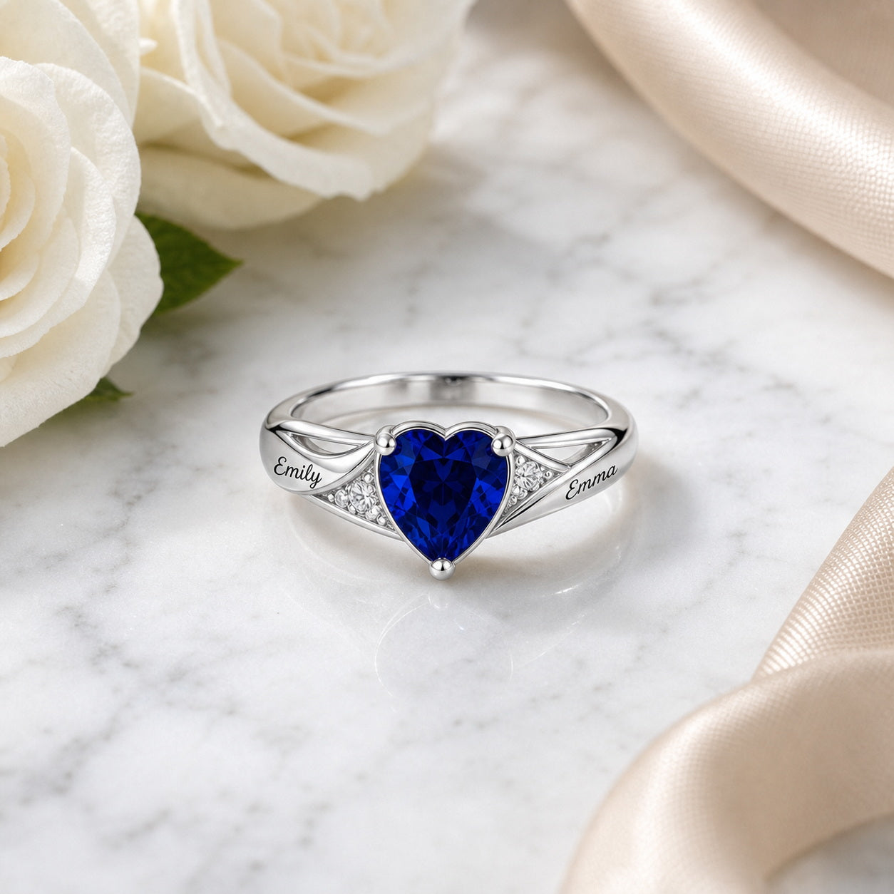Custom heart birthstone name ring side view