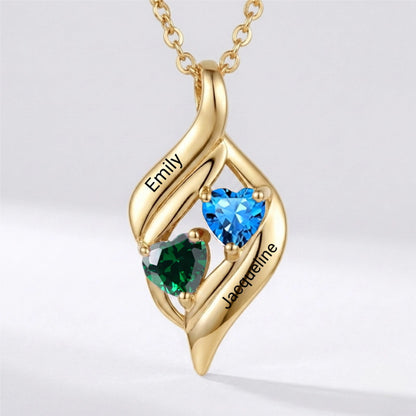 925 silver heart necklace gold plated featuring two names and gems.