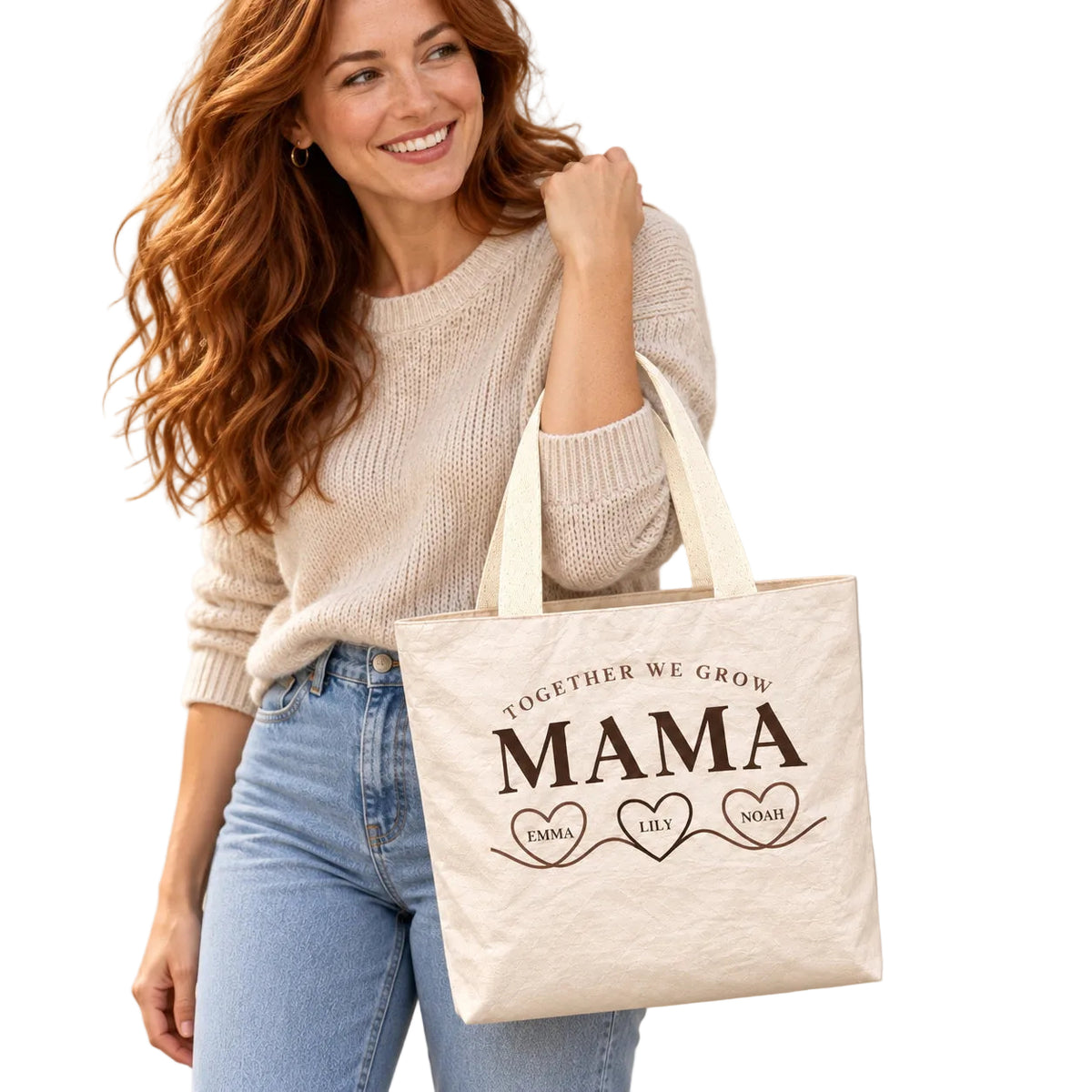Personalized Connected Hearts Mom Tote Bag with Kids' Names - custom design detail