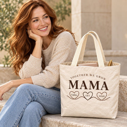 Personalized Connected Hearts Mom Tote Bag with Kids' Names - open interior single compartment view