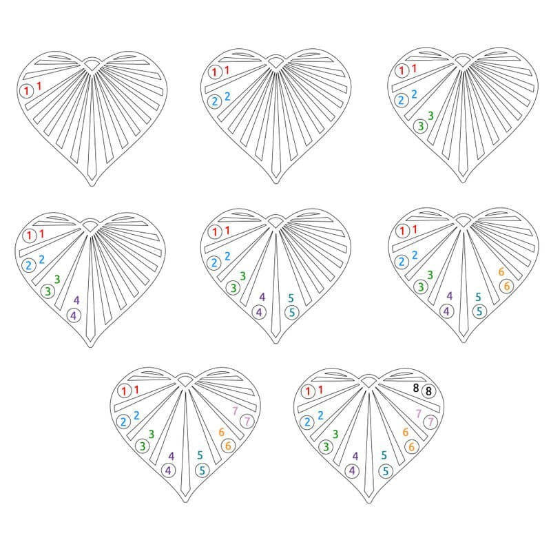 Diagram illustrating customization options for the heart necklace, showing positions for up to 8 names and birthstones.