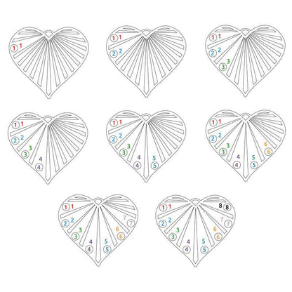 Diagram illustrating customization options for the heart necklace, showing positions for up to 8 names and birthstones.