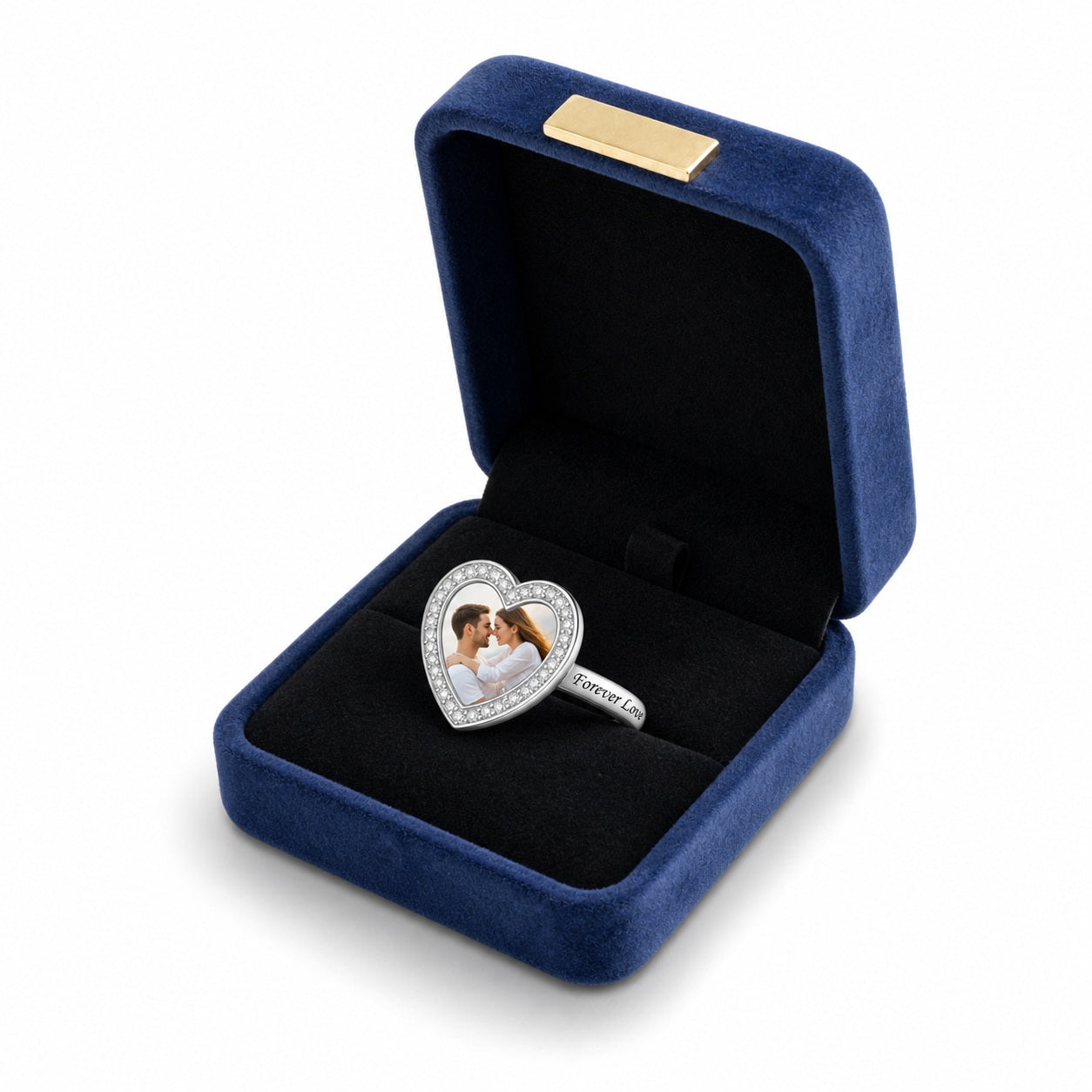 Custom heart photo keepsake message ring gift box view
