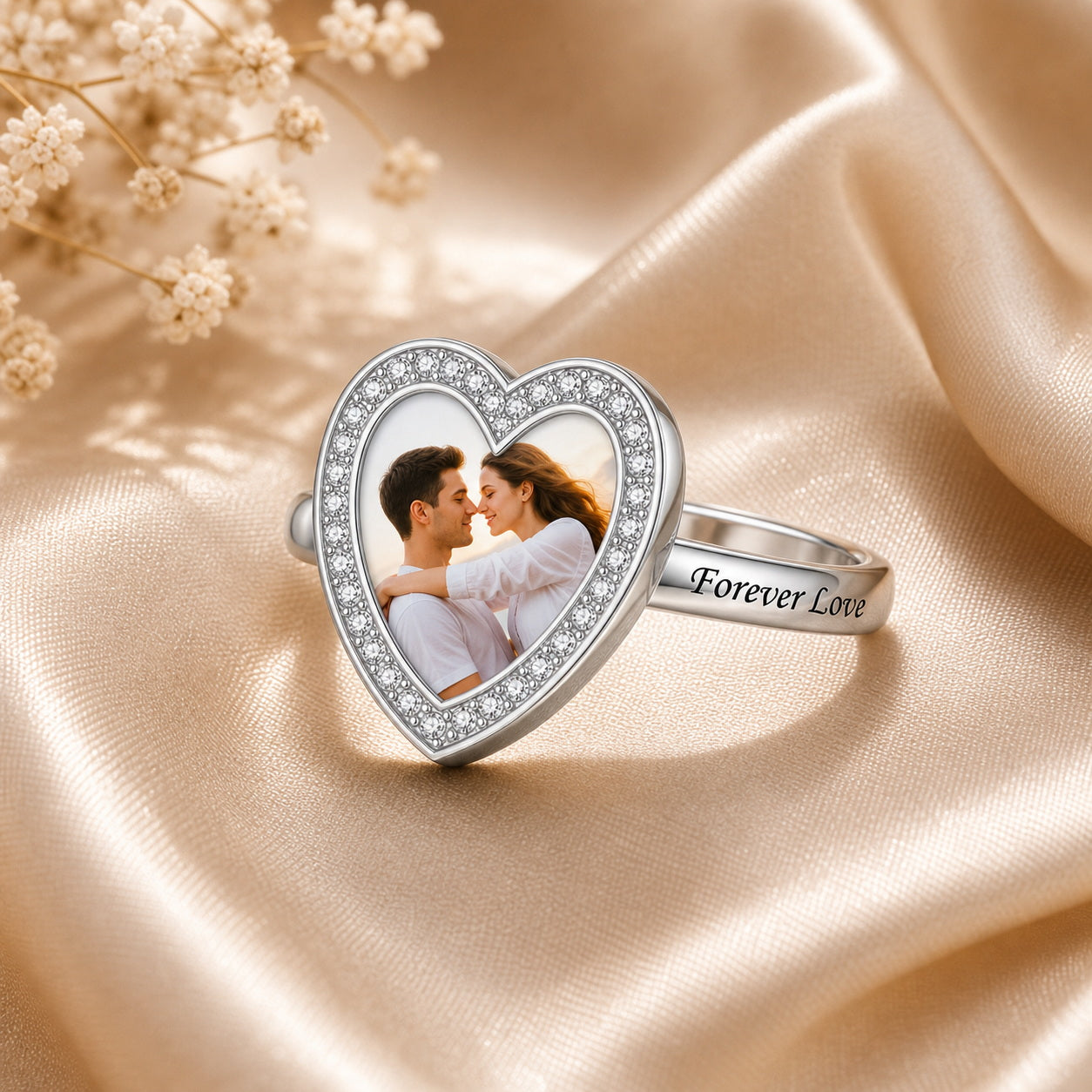 Custom heart photo keepsake message ring lifestyle view