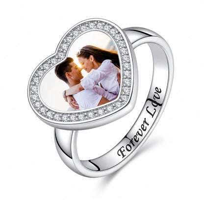 Custom heart photo keepsake engraved message ring main view
