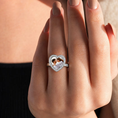 Custom heart photo keepsake message ring worn on hand