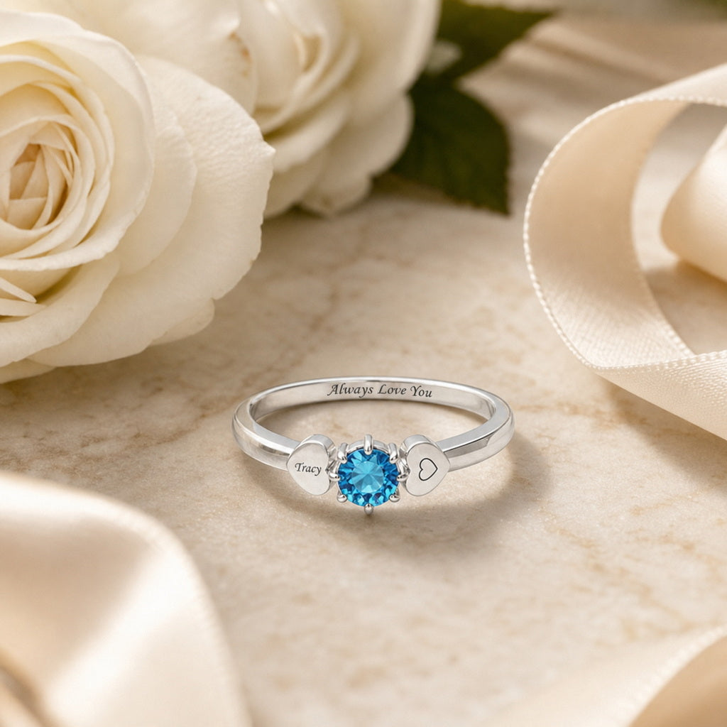 Custom heart birthstone promise ring flower scene jewelry vi