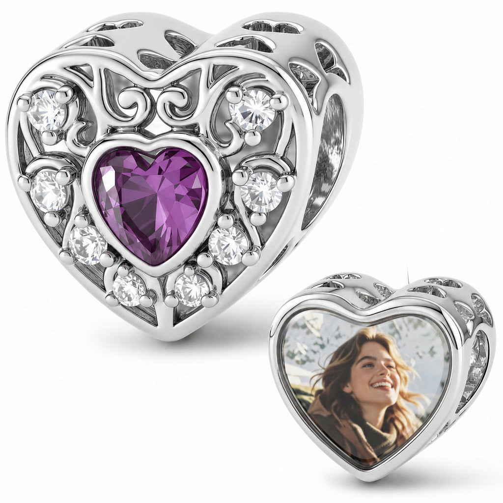 silver heart charm featuring a central heart-shaped amethyst surrounded by clear cubic zirconia and a custom photo locket