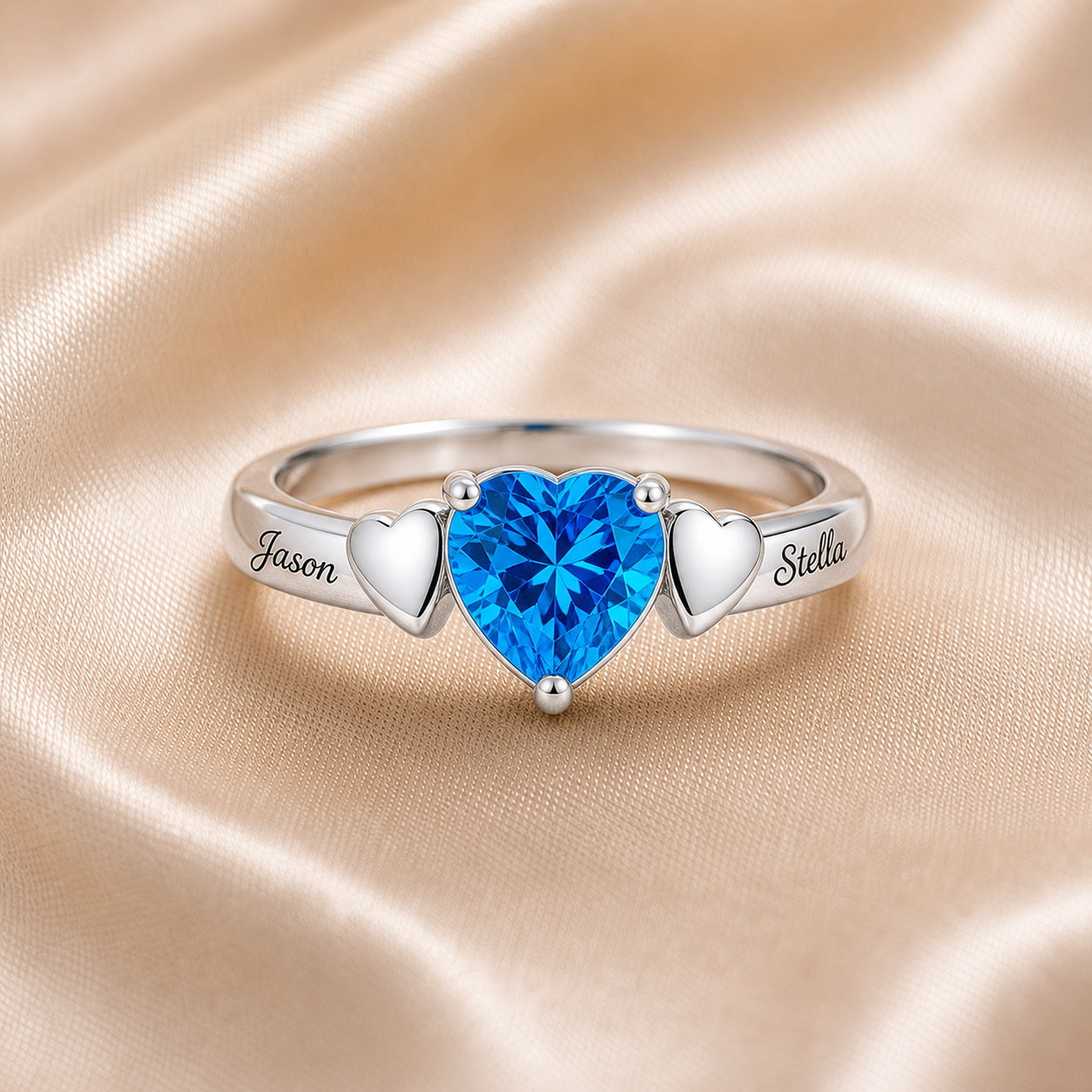 Custom heart solitaire name ring detail view