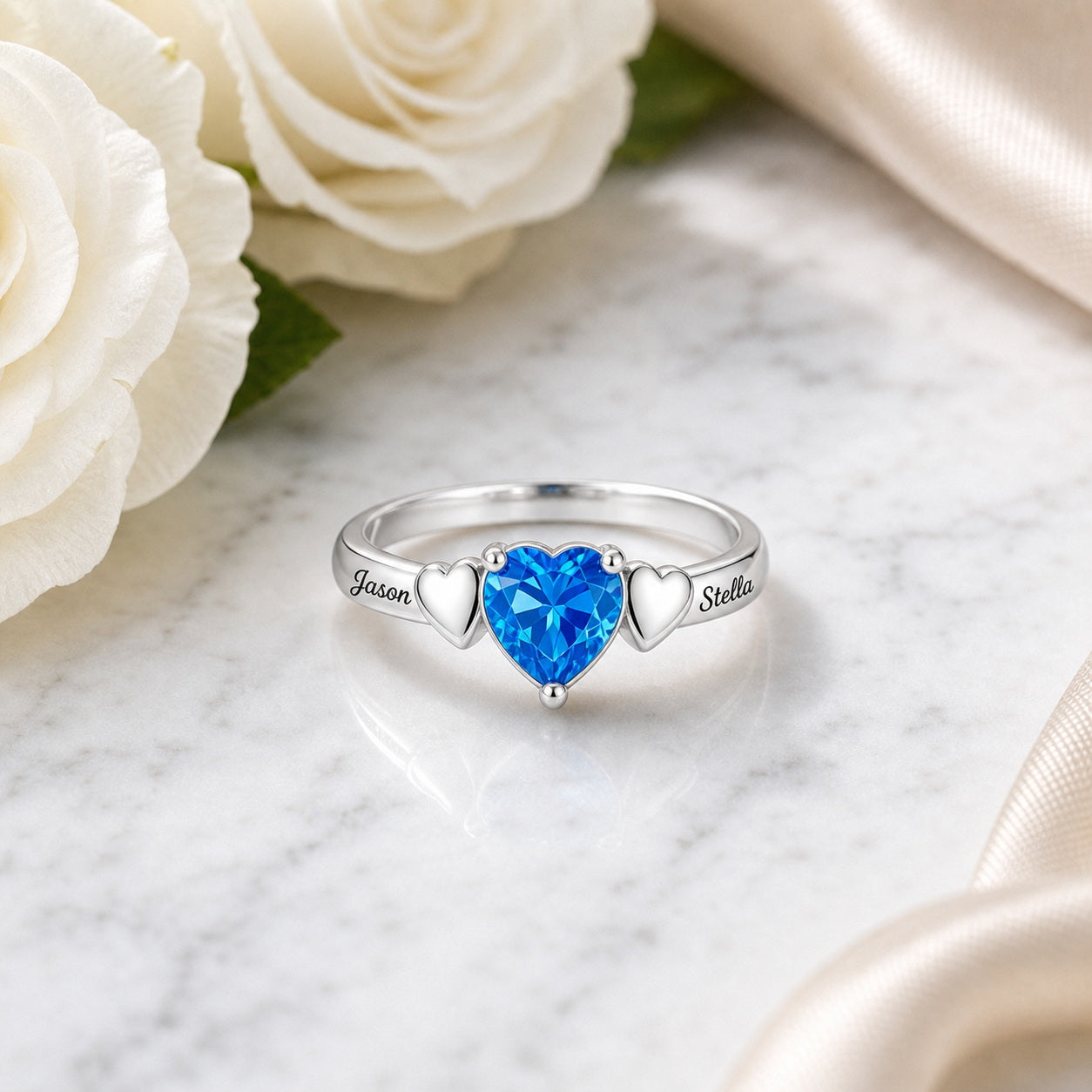 Custom heart solitaire name ring side view